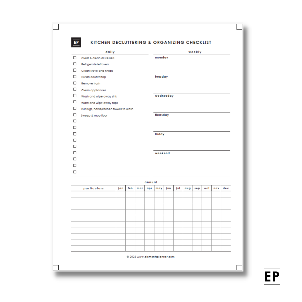 Kitchen Decluttering & Organizing Checklist - Daily, Weekly, Annual - Free Printable