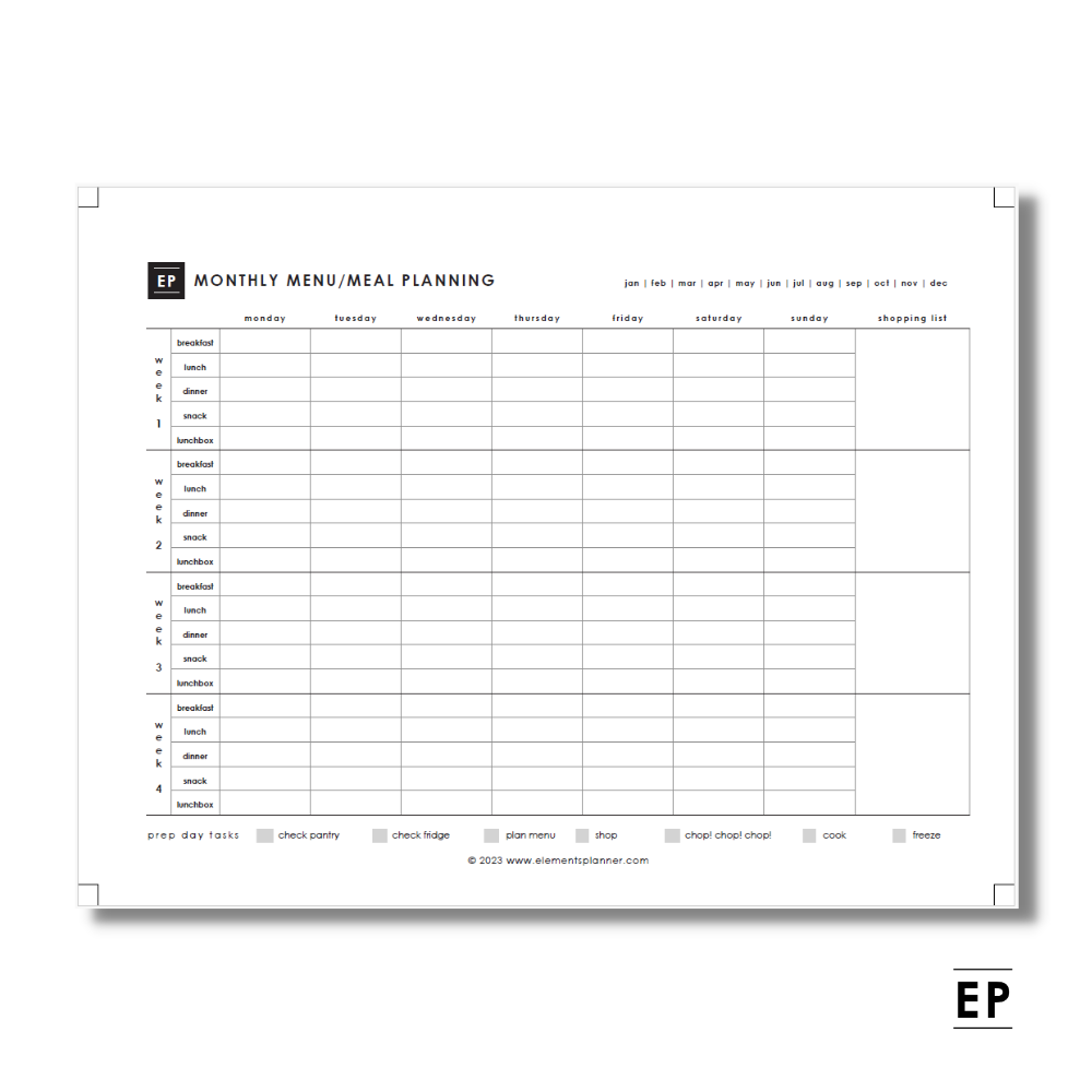 Monthly Meal Menu Planning Insert - Free Printable